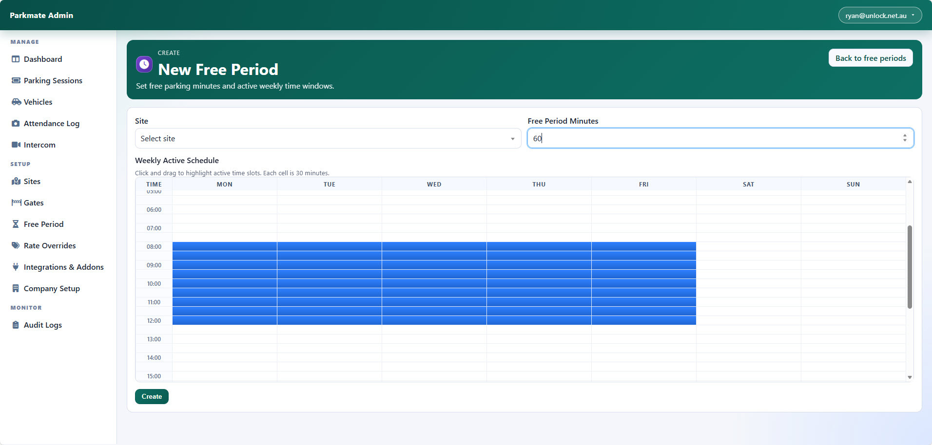 Scheduled free parking settings